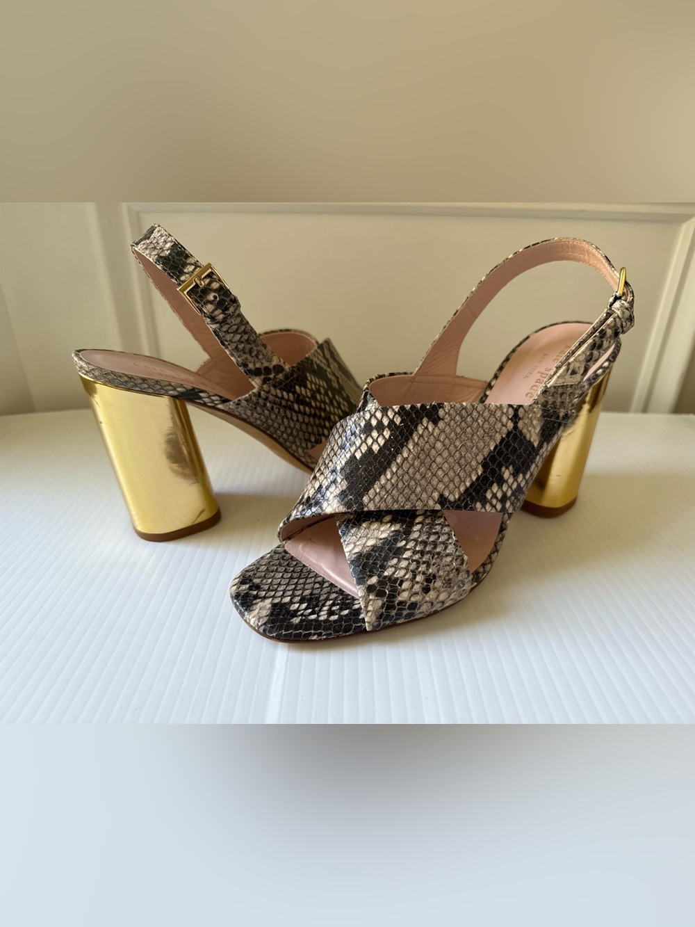Kate Spade  Snake-Print Slingbacks with Gold Block Heels Size 9